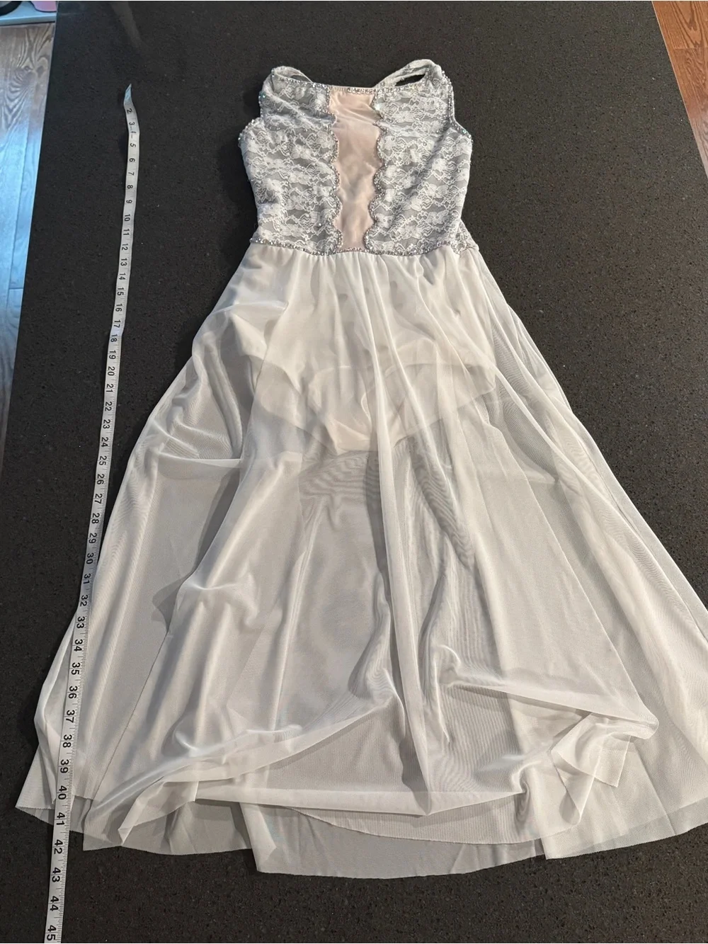 balera White Lace Bodice Sheer Mesh Prom Dress